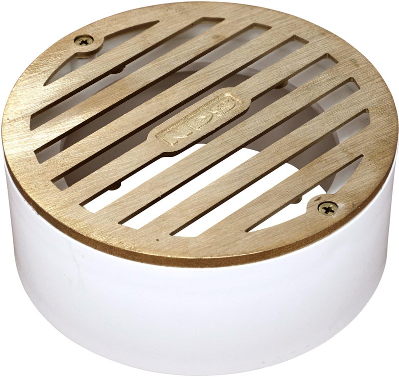 NDS 910B, 4 In. Round Grate Drain Cover, with PVC Collar, Connects to 3 Inch Drain Pipe & 4 Inch Drain Fittings, for Small Lawns, Landscaping and Patios, Satin Brass - Image 1